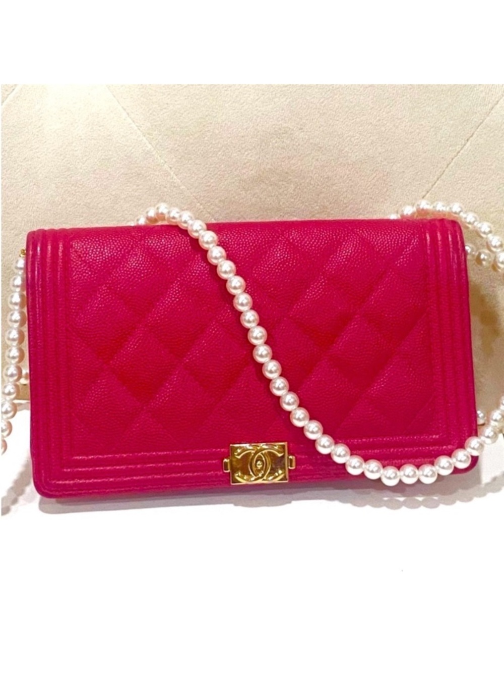 CHANEL Hot Pink Quilted Boy Flap with Pearl Chain and Gold Hardware